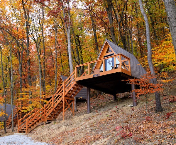A scenic cabin rental nestled in the woods near Tappan Lake, with stairs leading up to it.