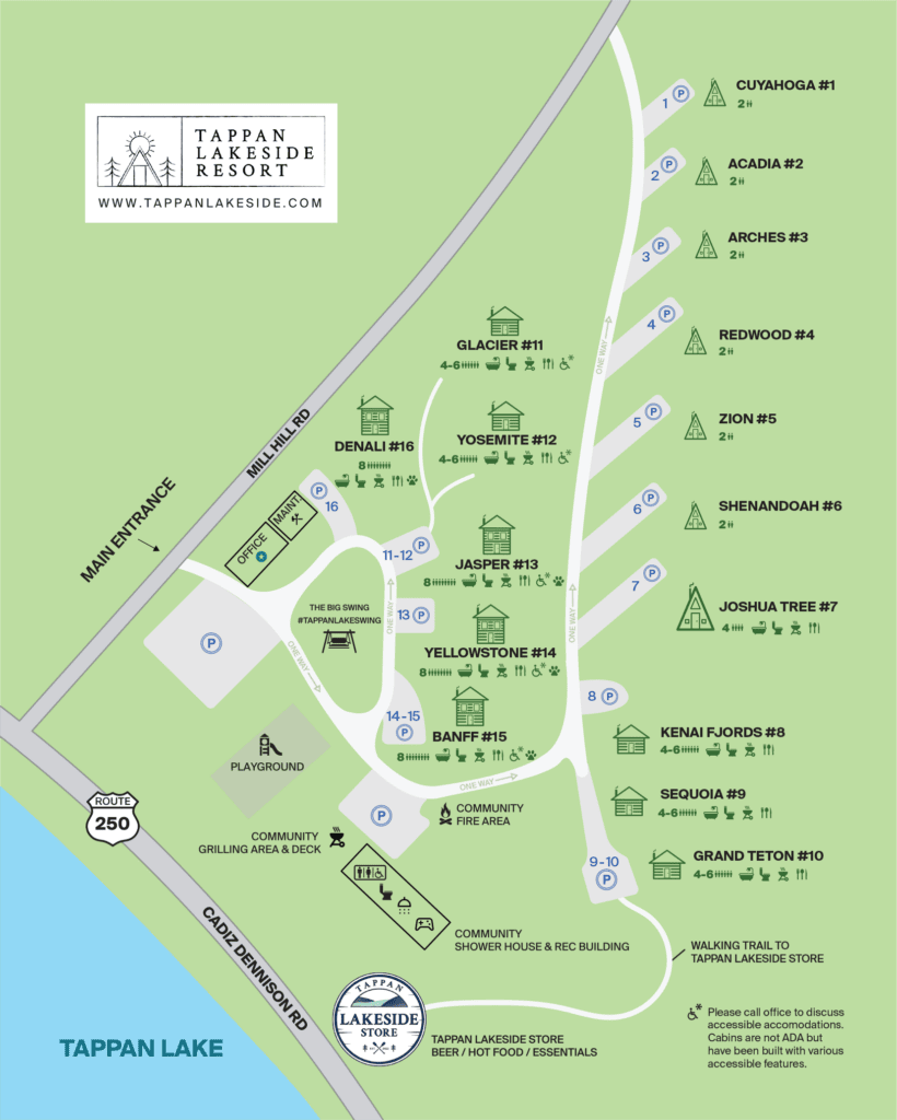 Tappan Lakeside Resort map featuring cabin rental options.