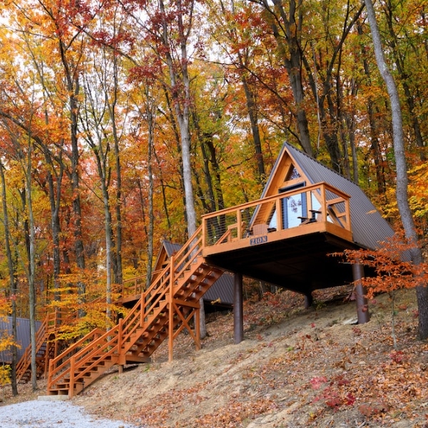 A Tappan Lakeside Resort A-frame cabin rental nestled in the tranquil woods with stairs leading up to it.